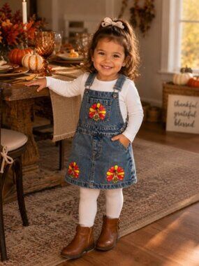 Girls Denim Overall Jumper Dress Turkey Appliqué Fall Thanksgiving XS